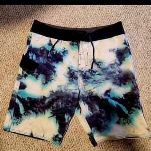 Volcom Men's Blue Tie-Dye Board Shorts with Black Waistband